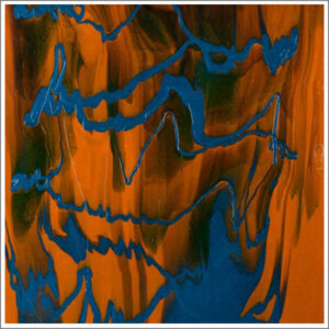 Bullseye Glascadia Burnt Orange Opalescent with Steel Blue Opal Drizzle 90 C.O.E. Glass